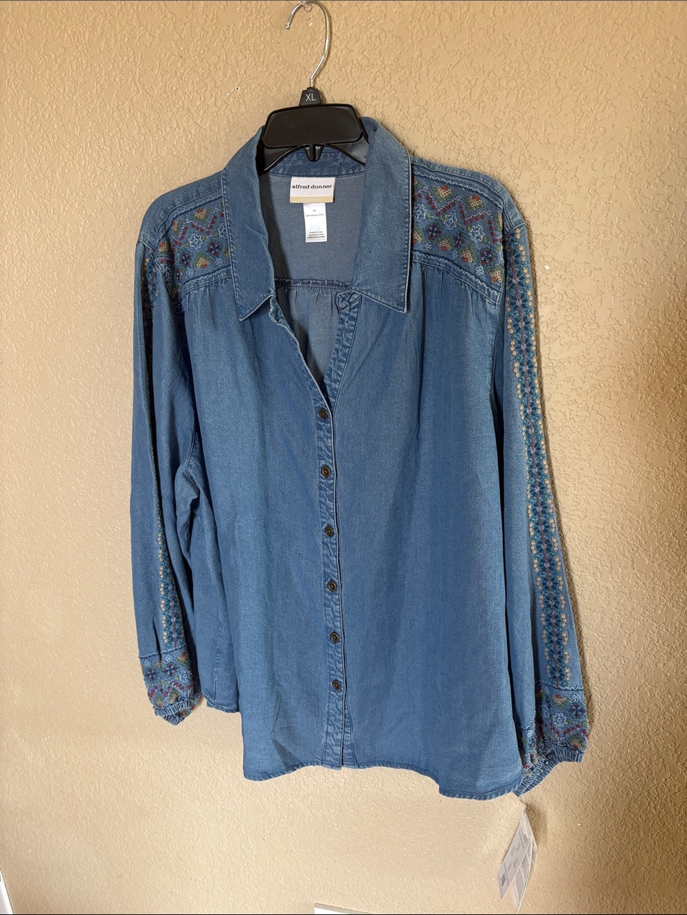 Alfred Dunner Denim Blue Button-Front Shirt with Embroidered Accents